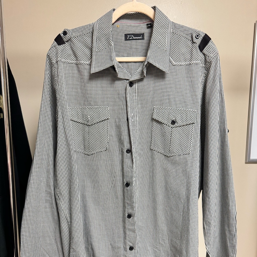 7 Diamonds Western Shirt Black and White Gingham Long Sleeve Button Down XL